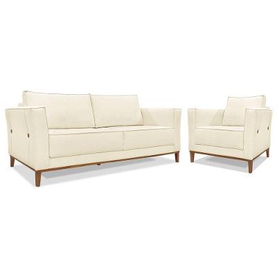 Kit Sofá 3 Lugares 190 Cm E Poltrona Sala De Estar Recepção Escritório Dinamarca Spz Linho - Adj Decor Pérola