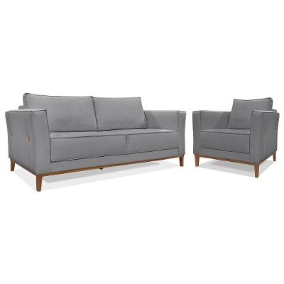 Kit Sofá 3 Lugares 190 Cm E Poltrona Sala De Estar Recepção Escritório Dinamarca Spz Linho - Adj Decor Cinza