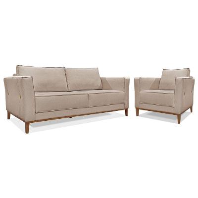 Kit Sofá 3 Lugares 190 Cm E Poltrona Sala De Estar Recepção Escritório Dinamarca Spz Linho - Adj Decor Areia