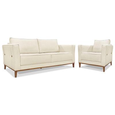 Kit Sofá 3 Lugares 190 Cm E Poltrona Sala De Estar Recepção Escritório Dinamarca Spz Linho - Adj Decor Natural