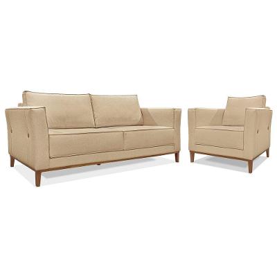 Kit Sofá 3 Lugares 190 Cm E Poltrona Sala De Estar Recepção Escritório Dinamarca Spz Linho - Adj Decor Dourado