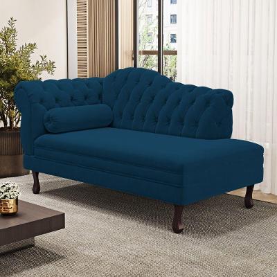 Divã Recamier Chaise Longue Lavínia 150cm Capitonê Pés De Madeira Veludo Azul Marinho - Desk Design