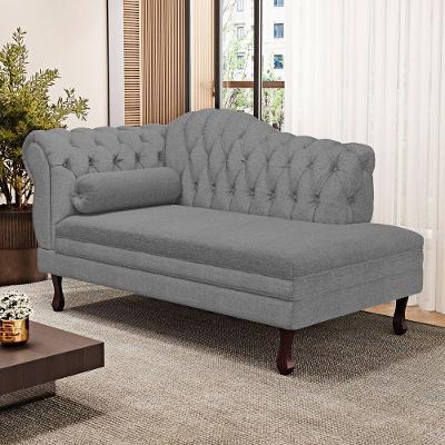 Divã Recamier Chaise Longue Lavínia 150cm Capitonê Pés De Madeira Linho Cinza - Desk Design