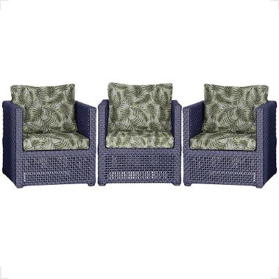 Kit 3 Poltronas Madri Alumínio Corda Náutica Estofado Azul Trama Original