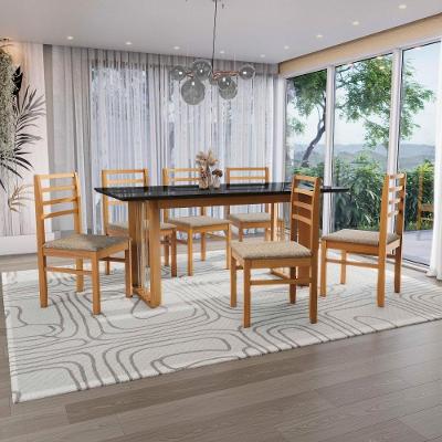 Conjunto Sala De Jantar Elisa Em Madeira Maciça 6 Cadeiras Linho Fendi