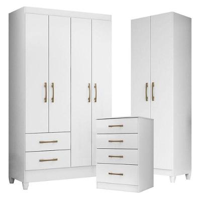 Guarda Roupa Solteiro Chile Com Cômoda Ms913 E Armário Multiuso New íris Branco Brilho - Moval