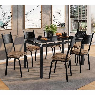 Conjunto Mesa De Jantar Com 6 Cadeiras 151 Malva Tampo Vidro 140cm Sf Preto Assento Rattan - Combo Stock