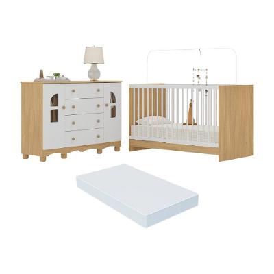 Berço 3 em 1 Aurora com Colchão e Cômoda 2 Portas 4 Gavetas MDP MDF 125 cm Branco Multimóveis
