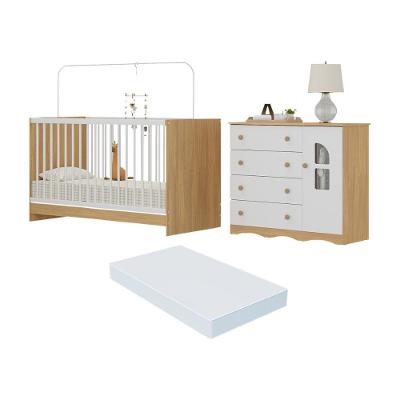 Berço 3 Em 1 Com Colchão Incluso E Cômoda 1 Porta 4 Gavetas Liz Multimóveis MP4769 Madeirado-branco