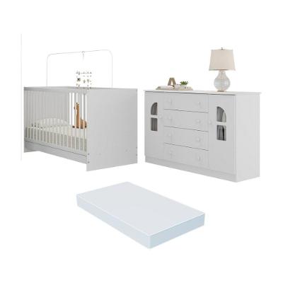 Berço 3 em 1 Amora com Cômoda 2 Portas 4 Gavetas MDP MDF 133 cm Branco Multimóveis