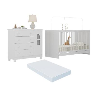 Berço 3 em 1 com Colchão e Cômoda Nina 1 Porta 4 Gavetas MDP-MDF 95 cm Branco Multimóveis