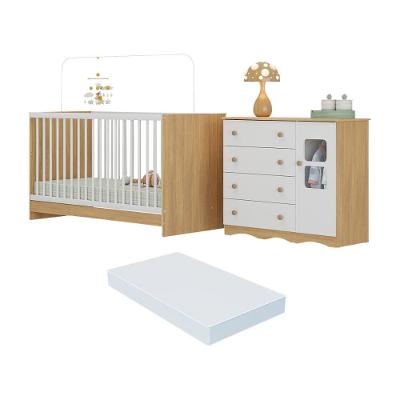 Berço 3 Em 1 Com Colchão Incluso E Cômoda 1 Porta 4 Gavetas Serena Multimóveis MP4753 Madeirado-branco