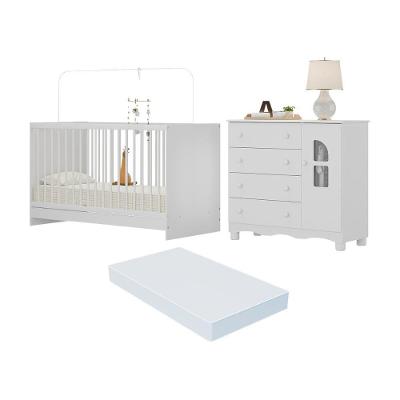 Berço 3 Em 1 Com Colchão Incluso E Cômoda 1 Porta 4 Gavetas Aurora Multimóveis MP4770 Branco