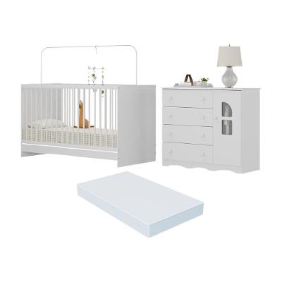 Berço 3 Em 1 Com Colchão Incluso E Cômoda 1 Porta 4 Gavetas Liz Multimóveis MP4769 Branco