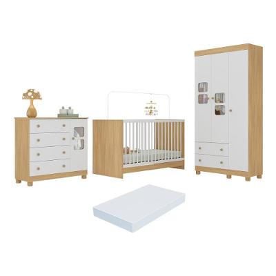 Quarto De Bebê Completo Com Berço 3 Em 1 Com Colchão Incluso Sol Multimóveis MP4542 Madeirado-branco