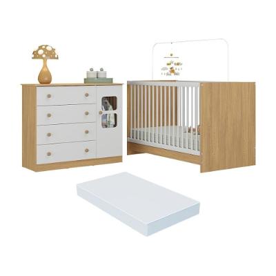 Berço 3 Em 1 Com Colchão Incluso E Cômoda 1 Porta 4 Gavetas Brisa Multimóveis MP4751 Madeirado-branco