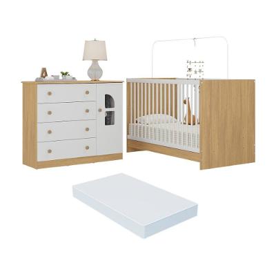 Berço 3 Em 1 Com Colchão Incluso E Cômoda 1 Porta 4 Gavetas Amora Multimóveis MP4767 Madeirado-branco