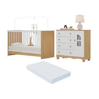 Berço 3 Em 1 Com Colchão Incluso E Cômoda 1 Porta 4 Gavetas Aurora Multimóveis MP4770 Madeirado-branco