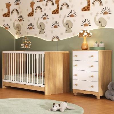 Berço 3 Em 1 Para Colchão 130x60cm Com Cômoda 4 Gavetas Luna Multimóveis MP4746 Madeirado-branco