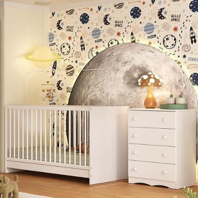 Berço 3 Em 1 Para Colchão 130x60cm Com Cômoda 4 Gavetas Serena Multimóveis MP4745 Branco