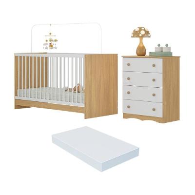 Berço 3 Em 1 Com Colchão Incluso E Cômoda 4 Gavetas Serena Multimóveis MP4777 Madeirado-branco