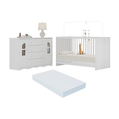 Berço Liz 3 em 1 com Colchão e Cômoda 2 Portas 4 Gavetas MDP MDF 133cm Branco Multimóveis
