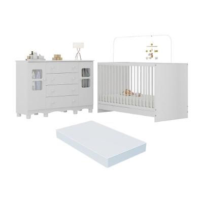 Berço 3 em 1 com Colchão e Cômoda Luna 2 Portas 4 Gavetas Branco Multimóveis