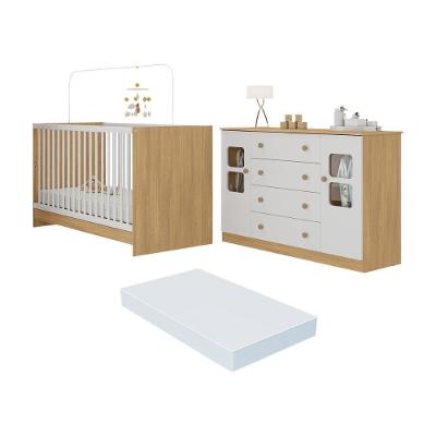 Berço 3 Em 1 Com Colchão Incluso E Cômoda 2 Portas 4 Gavetas Brisa Multimóveis MP4755 Madeirado-branco