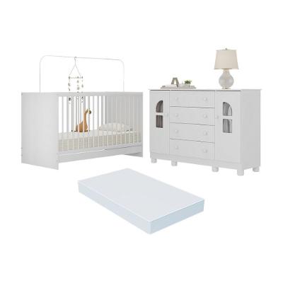 Berço 3 Em 1 Com Colchão Incluso E Cômoda 2 Portas 4 Gavetas Nina Multimóveis MP4772 Branco