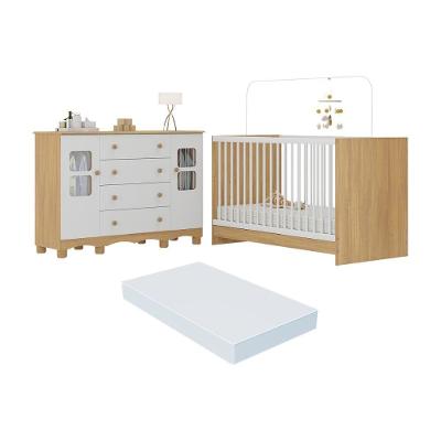 Berço 3 Em 1 Com Colchão Incluso E Cômoda 2 Portas 4 Gavetas Luna Multimóveis MP4758 Madeirado-branco