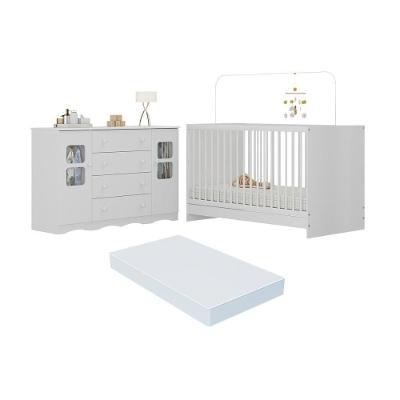 Berço 3 Em 1 Com Colchão Incluso E Cômoda 2 Portas 4 Gavetas Serena Multimóveis MP4757 Branco