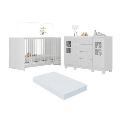 Berço 3 em 1 Multifuncional Mp4756 em Mdp com Colchão Incluso e Cômoda Branco