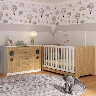 Berço Americano 3 Em 1 Com Cômoda 2 Portas 4 Gavetas Pirulito Multimóveis MP4711 Branco-madeirado