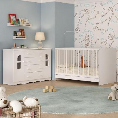 Berço 3 Em 1 Para Colchão 130x60cm Com Cômoda 2 Portas 4 Gavetas Liz Multimóveis MP4765 Branco