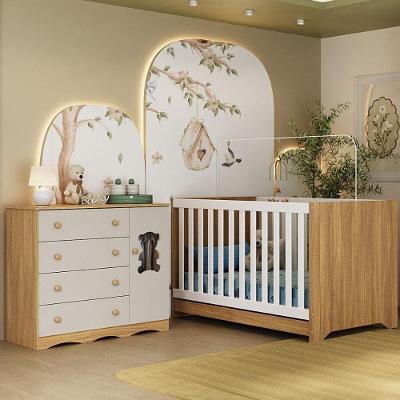 Berço Americano 3 Em 1 Com Cômoda 1 Porta 4 Gavetas Doçura Multimóveis MP4725 Madeirado-off White