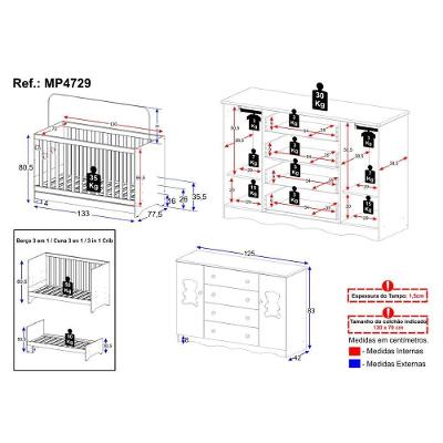 Berço Americano 3 em 1 com Cômoda Doçura 2 Portas 4 Gavetas MDP MDF 133 cm Branco-off White