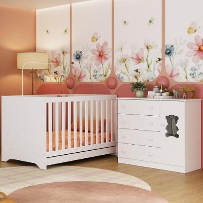 Berço Americano 3 Em 1 Com Cômoda 1 Porta 4 Gavetas Teddy Multimóveis MP4723 Branco