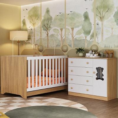 Berço Americano 3 Em 1 Com Cômoda 1 Porta 4 Gavetas Teddy Multimóveis MP4723 Madeirado-branco