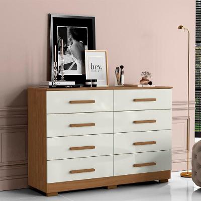 Cômoda Sirlei A09 8 Gavetas em MDF com Puxador Reto Off White e Atacama para Dormitório