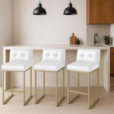 Banqueta Cozinha Alta Com Encosto Industrial Kit 3 Champanhe Lirina Pu Branco C05 - D'rossi