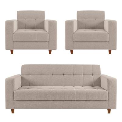 Sofá 2 Lugares E 2 Poltronas Pé Madeira Castanho Arezo Linho D01 - D'rossi A27 Areia