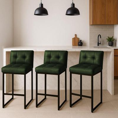 Banqueta Cozinha Alta Com Encosto Industrial Kit 3 Preto Lirina Pu Verde C05 - D'rossi