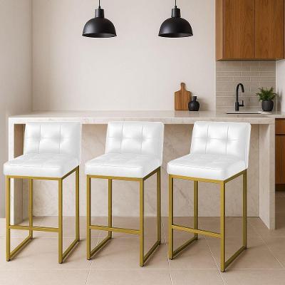 Banqueta Cozinha Alta Com Encosto Industrial Kit 3 Dourado Lirina Pu Branco C05 - D'rossi