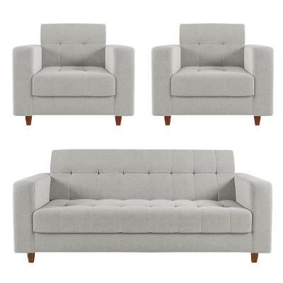 Sofá 2 Lugares E 2 Poltronas Pé Madeira Castanho Arezo Linho D01 - D'rossi A05 Cinza