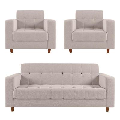 Sofá 2 Lugares E 2 Poltronas Pé Madeira Castanho Arezo Linho D01 - D'rossi A19 Bege