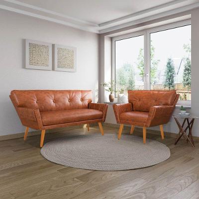 Sofá Namoradeira E Poltrona Pé Palito Madeira Anitta Sintético Pu Nozes D03 - D'rossi