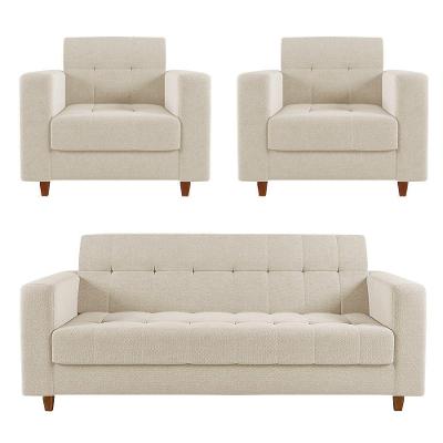 Sofá 2 Lugares E 2 Poltronas Pé Madeira Castanho Arezo Linho Bege D01 - D'rossi
