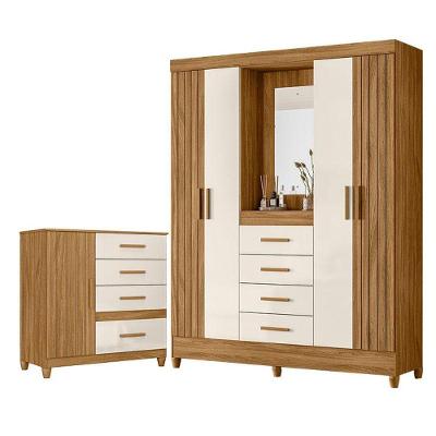 Guarda Roupa Solteiro Com Espelho Atenas E Cômoda Vênus Com Pés Freijó Off White - Moval