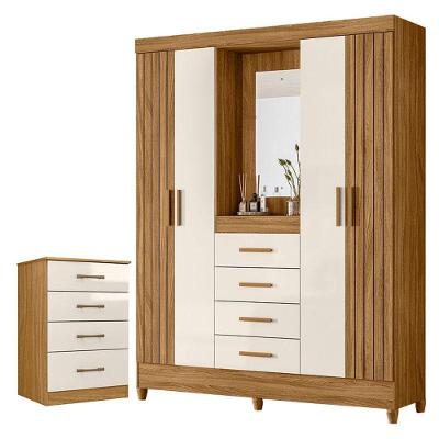 Guarda Roupa Solteiro Com Espelho Atenas E Cômoda Ms913 Freijó Off White - Moval