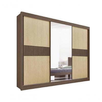 Guarda Roupa Casal Ripado Com Espelho Sem Pés Los Angeles 3 Portas 6 Gavetas - D' Doro Castanho/linho/ripado